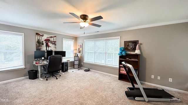 home office with crown molding, carpet floors, plenty of natural light, and ceiling fan