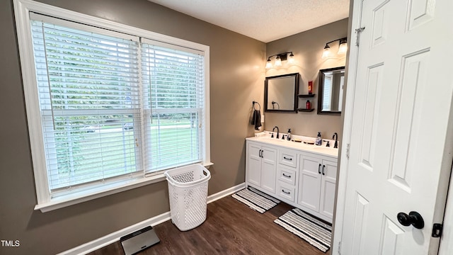 bathroom with vanity, a textured ceiling, and wood-type flooring