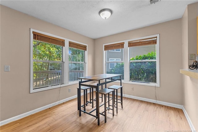 dining room featuring light hardwood / wood-style flooring and a textured ceiling