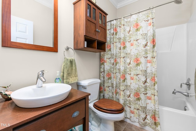 full bathroom featuring toilet, vanity, crown molding, shower / tub combo with curtain, and tile patterned flooring