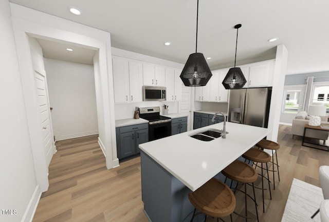 kitchen with sink, white cabinetry, decorative light fixtures, appliances with stainless steel finishes, and gray cabinets