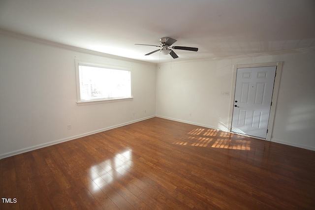 unfurnished room with hardwood / wood-style floors, ceiling fan, and ornamental molding