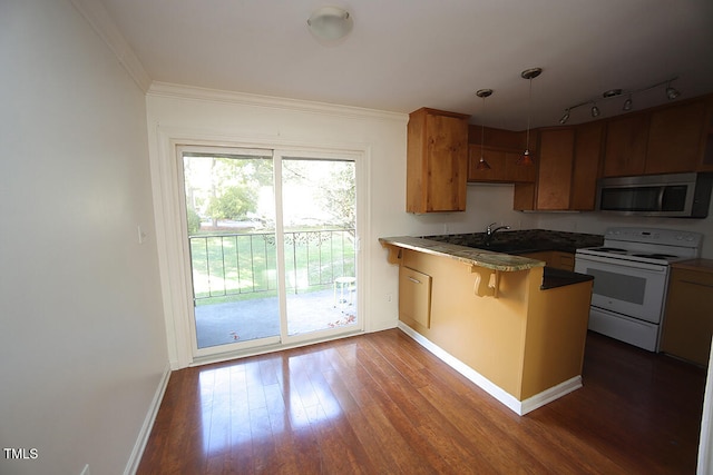 kitchen with kitchen peninsula, dark hardwood / wood-style floors, crown molding, decorative light fixtures, and white range with electric stovetop