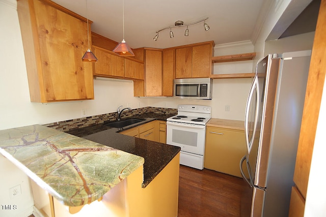 kitchen featuring dark hardwood / wood-style flooring, kitchen peninsula, sink, and stainless steel appliances