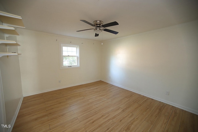 unfurnished room with light hardwood / wood-style floors, ceiling fan, and crown molding