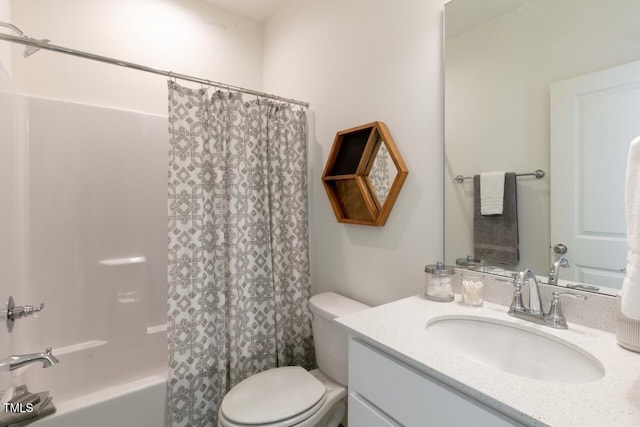 full bathroom with vanity, toilet, and shower / bathtub combination with curtain