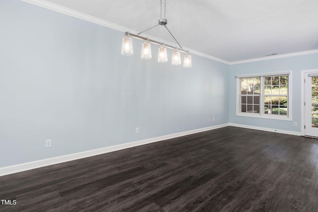 unfurnished dining area with ornamental molding, baseboards, and dark wood-style floors