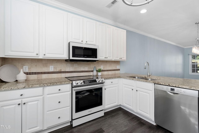 kitchen featuring stainless steel dishwasher, electric range, a sink, white microwave, and ornamental molding