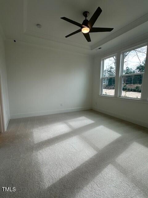 carpeted empty room featuring crown molding, ceiling fan, and a raised ceiling