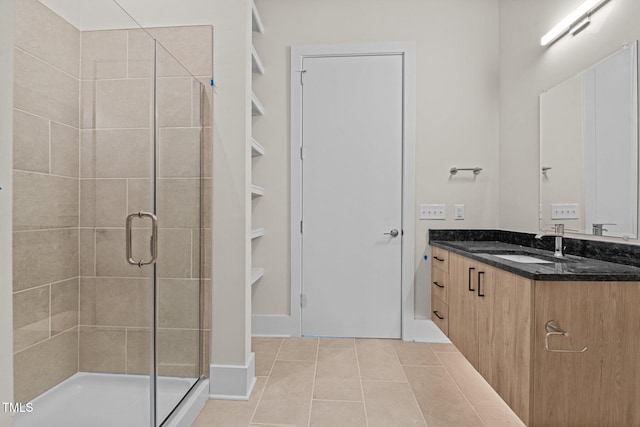 bathroom featuring vanity, tile patterned flooring, and walk in shower