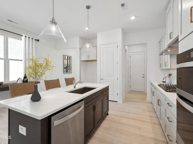 520 Gainer Dr # 6, Raleigh, NC 27610 - kitchen featuring stainless steel appliances, a sink, under cabinet range hood, light wood-style floors, and an island with sink