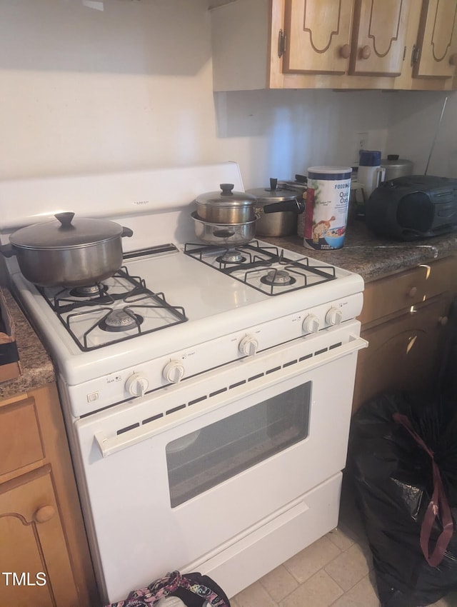 kitchen with white gas stove and light tile patterned floors