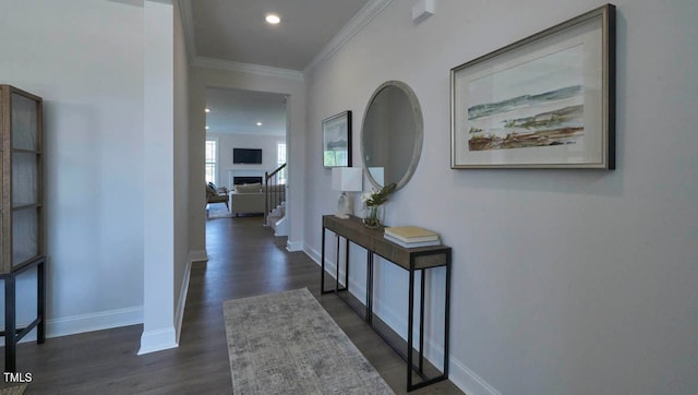 hall with ornamental molding and dark hardwood / wood-style floors