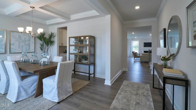 dining space with beam ceiling, coffered ceiling, crown molding, a chandelier, and dark hardwood / wood-style floors