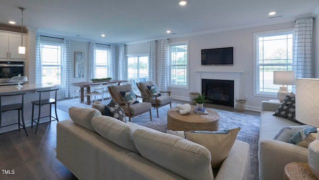 living room featuring ornamental molding, plenty of natural light, and dark hardwood / wood-style flooring