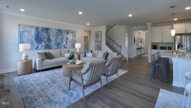 living room with ornamental molding, dark wood-type flooring, and sink