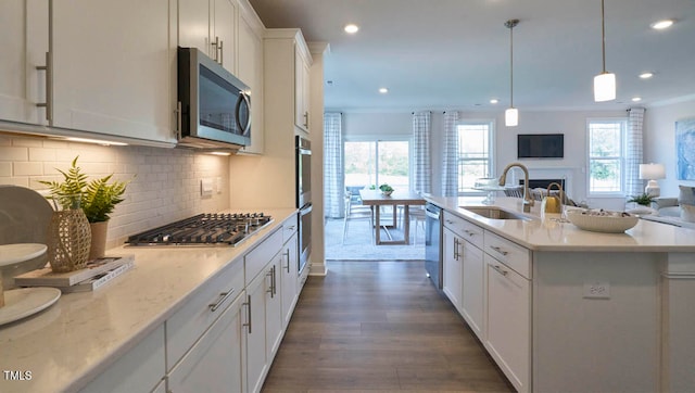 kitchen featuring appliances with stainless steel finishes, a healthy amount of sunlight, sink, and dark hardwood / wood-style flooring