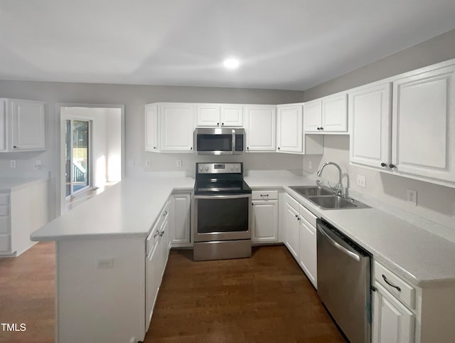 kitchen with appliances with stainless steel finishes, sink, kitchen peninsula, white cabinets, and dark hardwood / wood-style floors