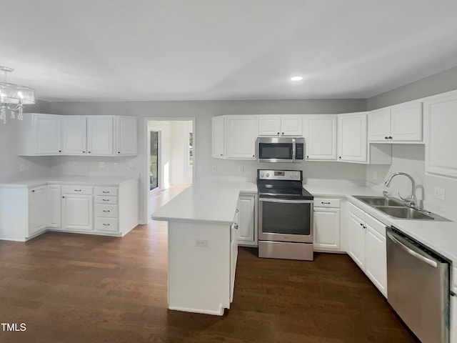 kitchen with white cabinetry, stainless steel appliances, sink, and dark hardwood / wood-style floors