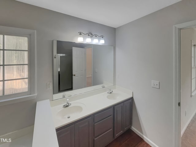 bathroom featuring vanity and hardwood / wood-style floors