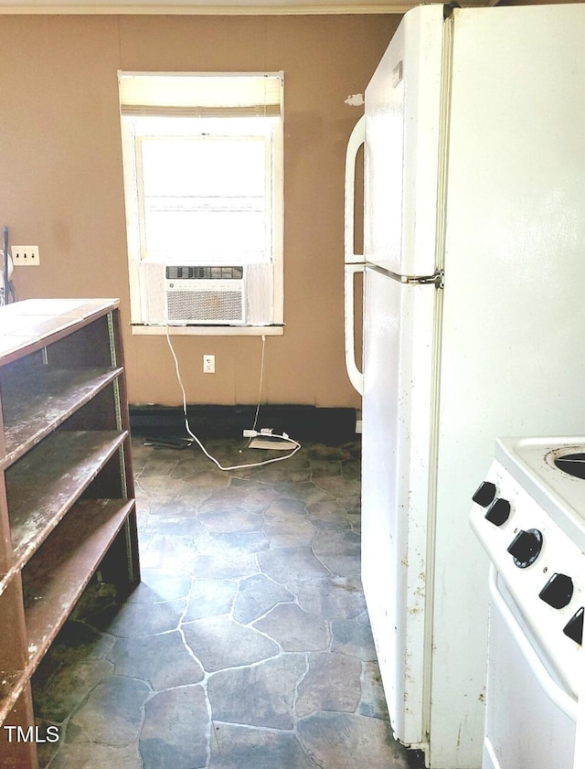 325 Ranch Farm Rd Unit A B, Raleigh, NC 27603 - kitchen featuring stone floors, white appliances, and cooling unit