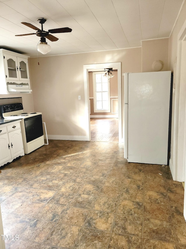 325 Ranch Farm Rd Unit A B, Raleigh, NC 27603 - kitchen with white appliances, custom range hood, white cabinets, a ceiling fan, and glass insert cabinets