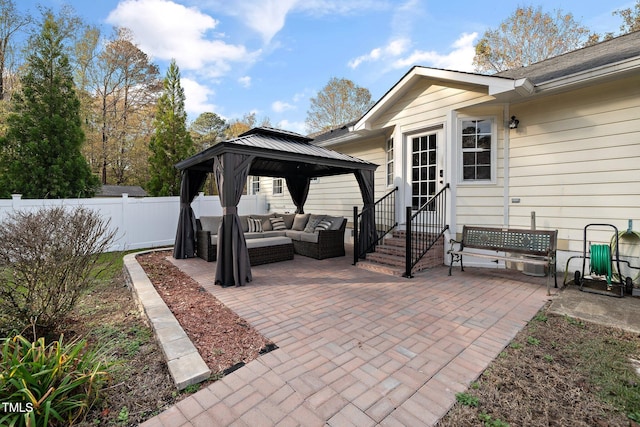 view of patio / terrace with a gazebo and an outdoor hangout area