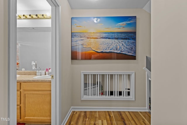 room details featuring vanity, wet bar, and wood-type flooring