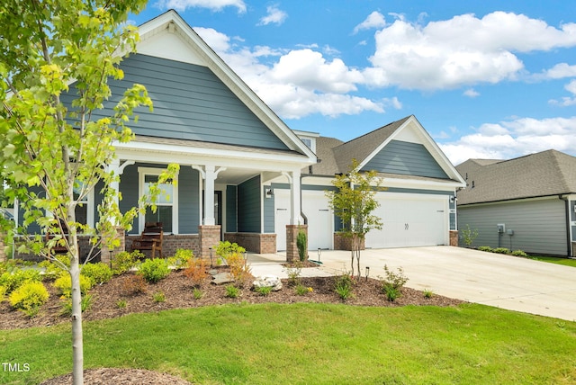 craftsman-style house with a front yard, a porch, and a garage