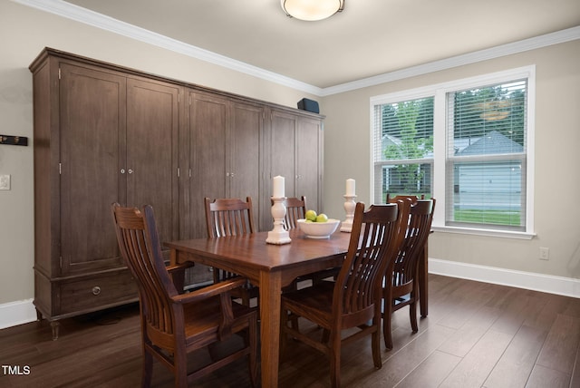 dining room with crown molding and dark hardwood / wood-style flooring