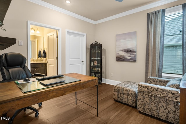 home office with crown molding and wood-type flooring