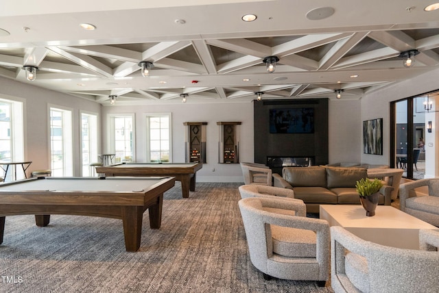 recreation room featuring beamed ceiling, carpet, and billiards