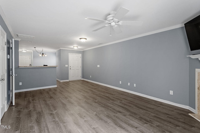 unfurnished living room with ceiling fan, dark hardwood / wood-style floors, and crown molding