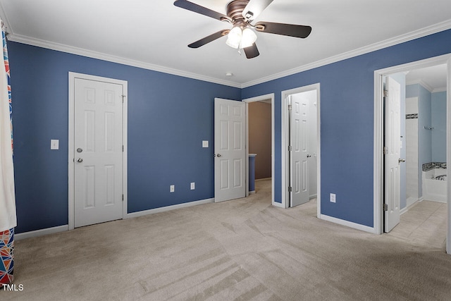 unfurnished bedroom with ensuite bathroom, ceiling fan, light carpet, and crown molding