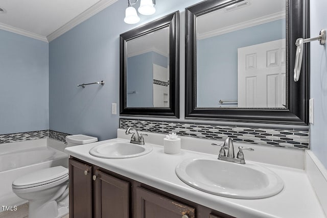 bathroom featuring ornamental molding, vanity, tasteful backsplash, and a bath