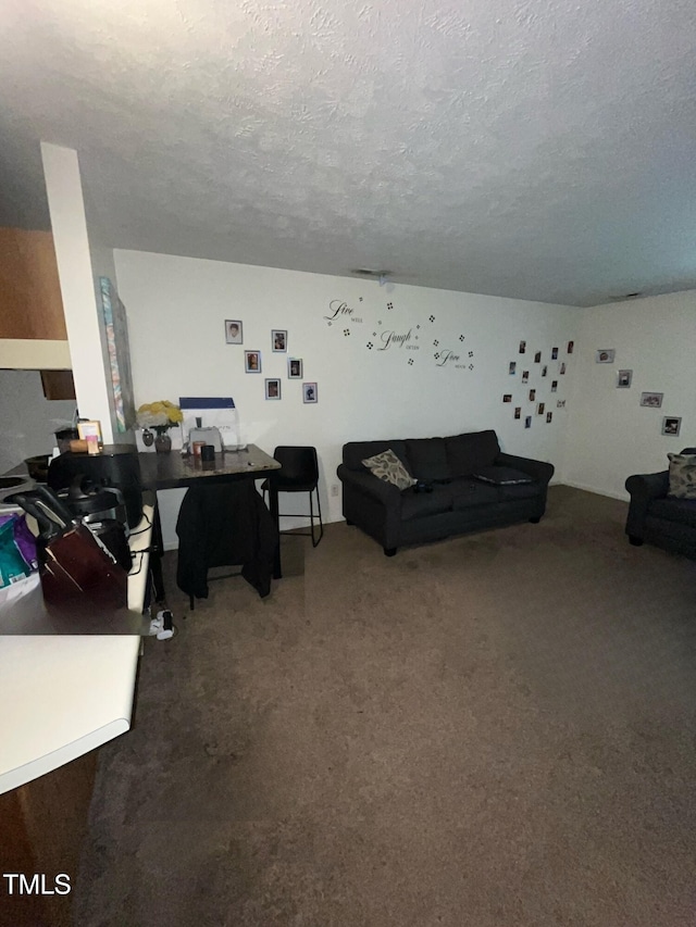 carpeted living room featuring a textured ceiling