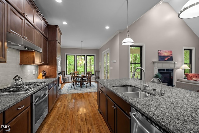 kitchen with hanging light fixtures, appliances with stainless steel finishes, wood-type flooring, dark stone countertops, and sink