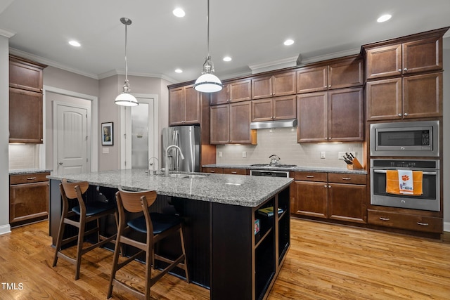 kitchen featuring appliances with stainless steel finishes, sink, hanging light fixtures, light hardwood / wood-style floors, and a kitchen island with sink