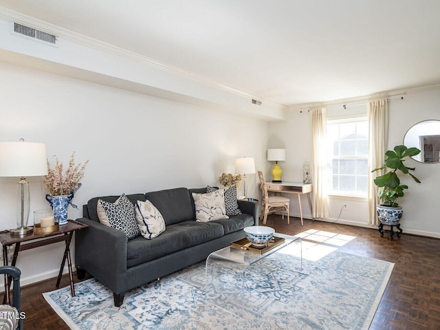 living room with dark parquet floors and ornamental molding