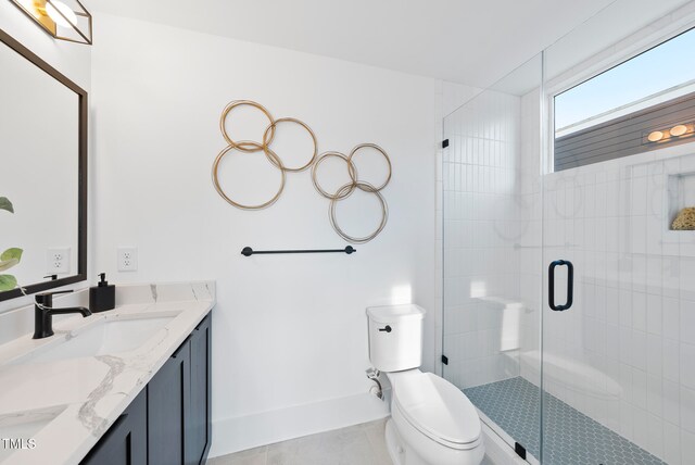 bathroom with tile patterned floors, toilet, walk in shower, and vanity