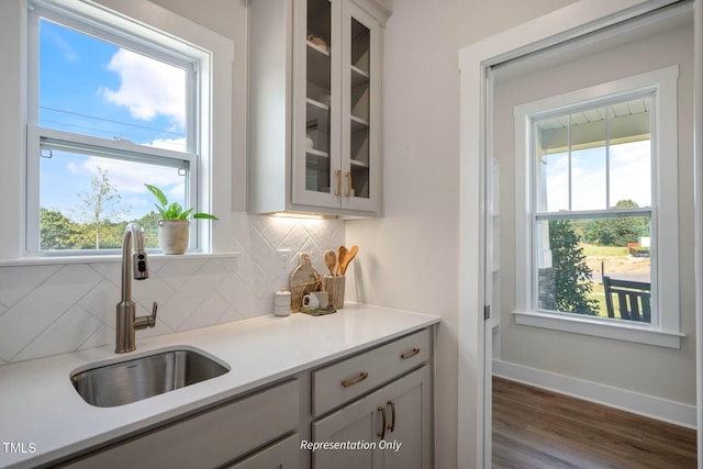 bar featuring a sink, tasteful backsplash, plenty of natural light, and dark wood-style floors