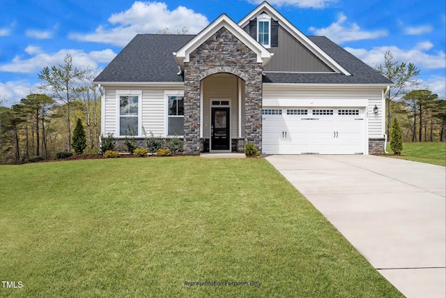 craftsman-style home featuring concrete driveway, an attached garage, stone siding, and a front lawn