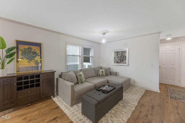 living room with light hardwood / wood-style flooring and crown molding