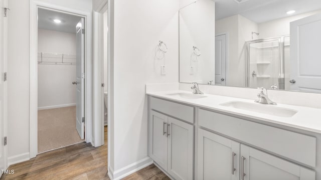 bathroom featuring a shower with door, hardwood / wood-style flooring, and vanity