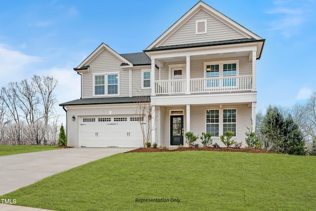 view of front facade with covered porch, a garage, and a front lawn