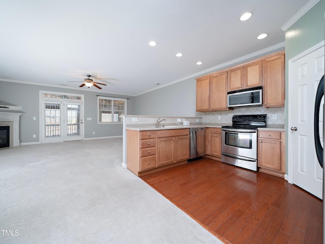 kitchen with dark hardwood / wood-style floors, ornamental molding, kitchen peninsula, and appliances with stainless steel finishes