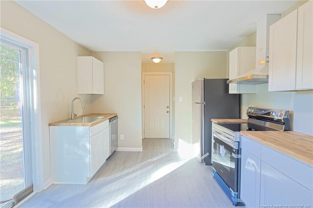 kitchen with sink, dishwasher, electric range, white cabinetry, and light hardwood / wood-style flooring