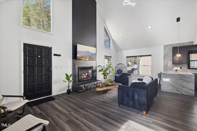 living room featuring high vaulted ceiling and dark wood-type flooring