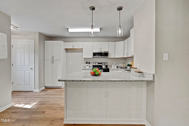 kitchen with white cabinetry, stainless steel appliances, and kitchen peninsula