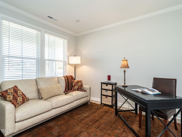 office with ornamental molding and dark hardwood / wood-style flooring